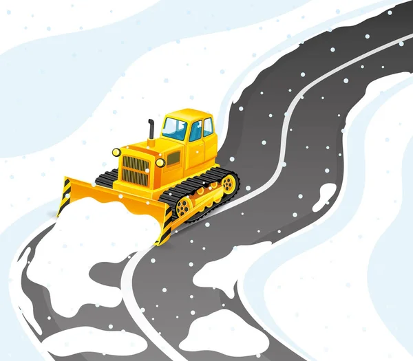 पीला ट्रैक्टर बर्फ से सड़क साफ करता है . — स्टॉक वेक्टर