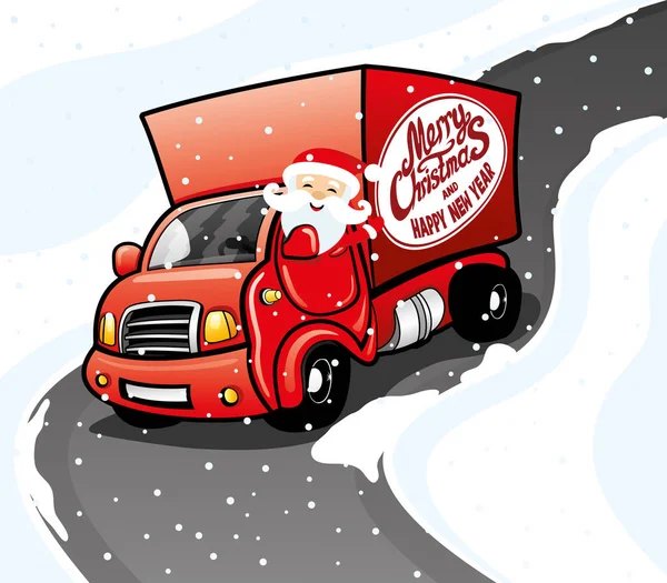 Papai Noel em um caminhão vermelho . — Vetor de Stock