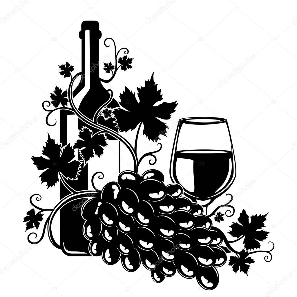 A bottle of wine and a bunch of grapes on a white background.