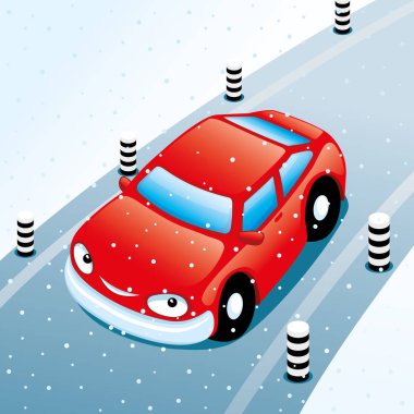 Bir kış yolda kırmızı araba.