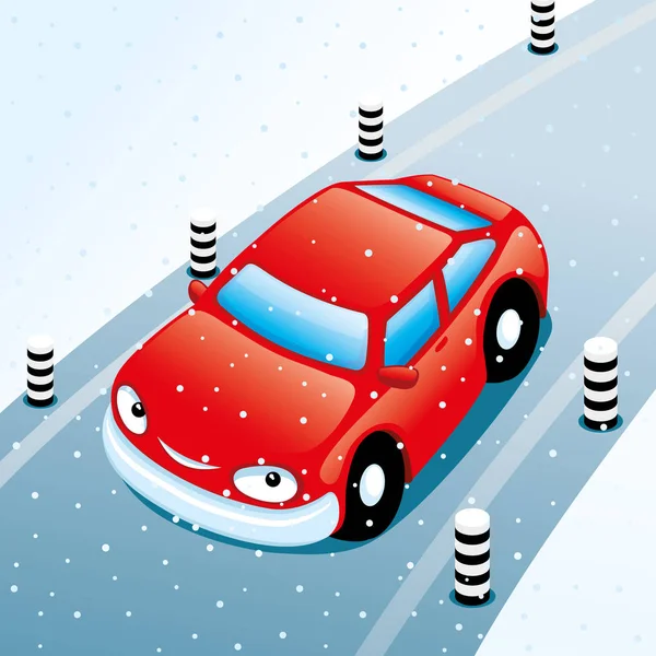 Bir kış yolda kırmızı araba.