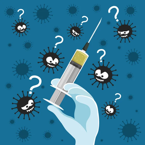 Syringe in de hand en virussen. — Stockvector