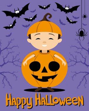 Çocuk bir balkabağı kostümü ve yarasalar.