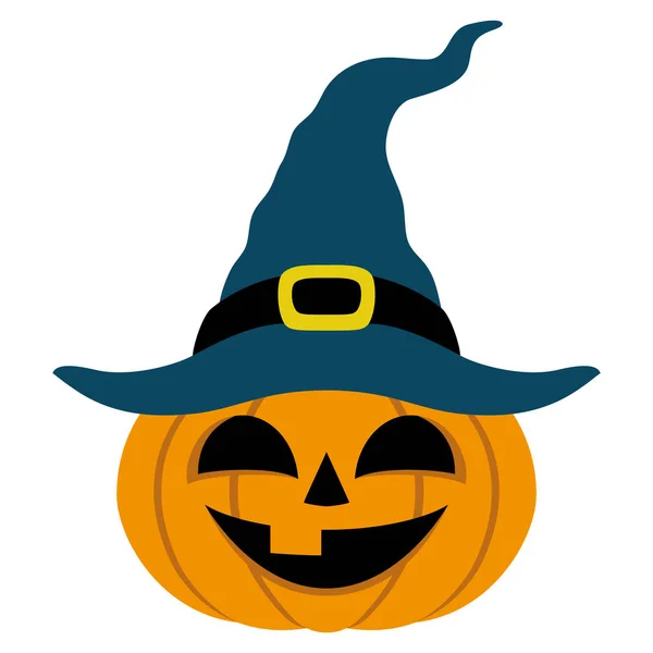 Calabaza de Halloween en sombrero de bruja. — Vector de stock