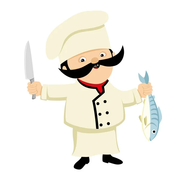 Chef con pescado y cuchillo . — Vector de stock