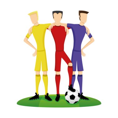 Beyaz zemin üzerinde bir top ile futbol oyuncuları.