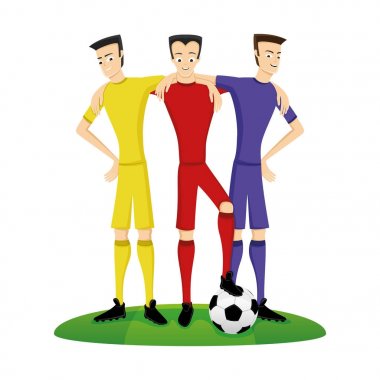 Beyaz zemin üzerinde bir top ile futbol oyuncuları.