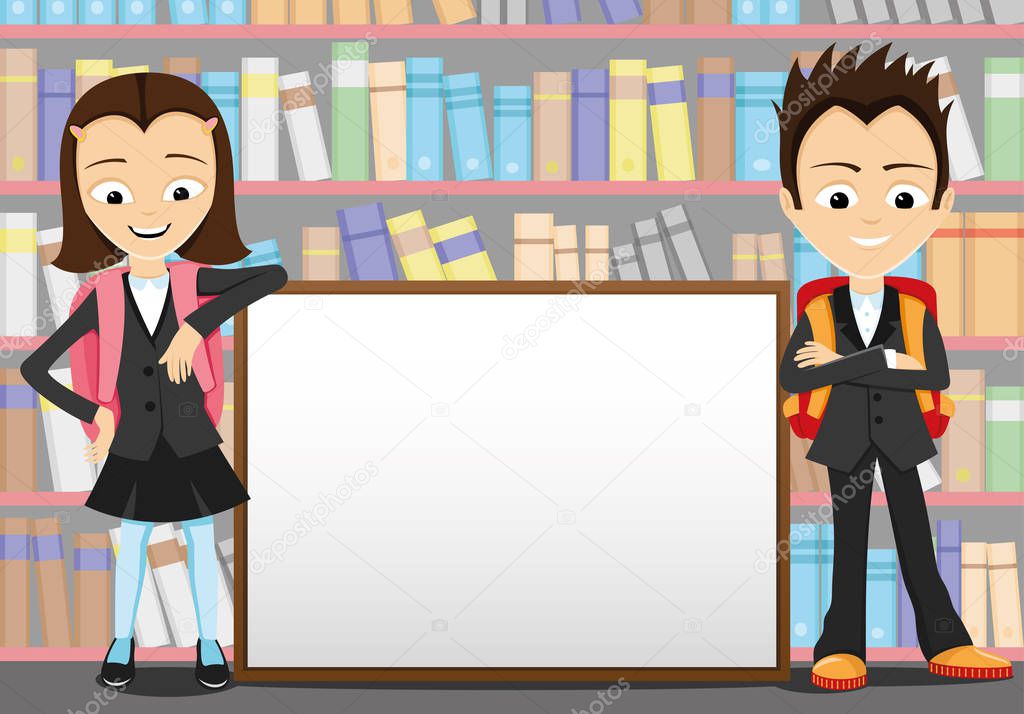 School children with a board on the background of a bookcase.