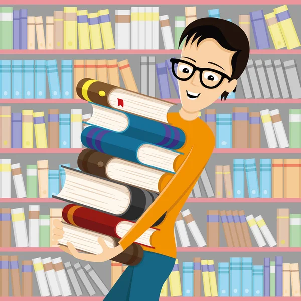 Student Brýlích Knihami Pozadí Knihovničce — Stockový vektor