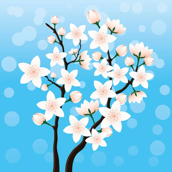 Blossoming Cherry Branch Blue Background — Stock Vector