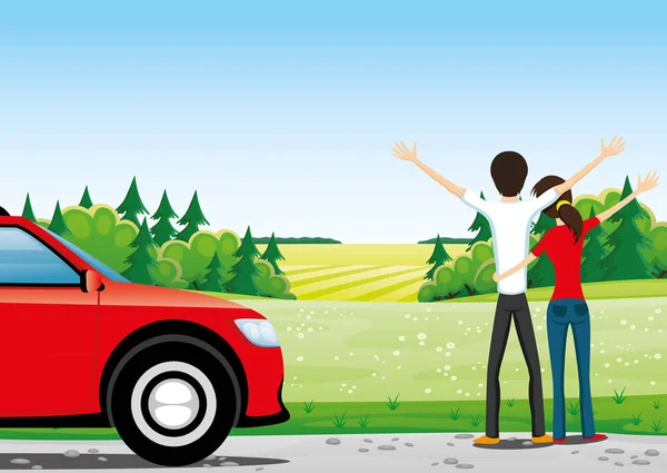 Pareja Feliz Coche Rojo Carretera Campo — Archivo Imágenes Vectoriales