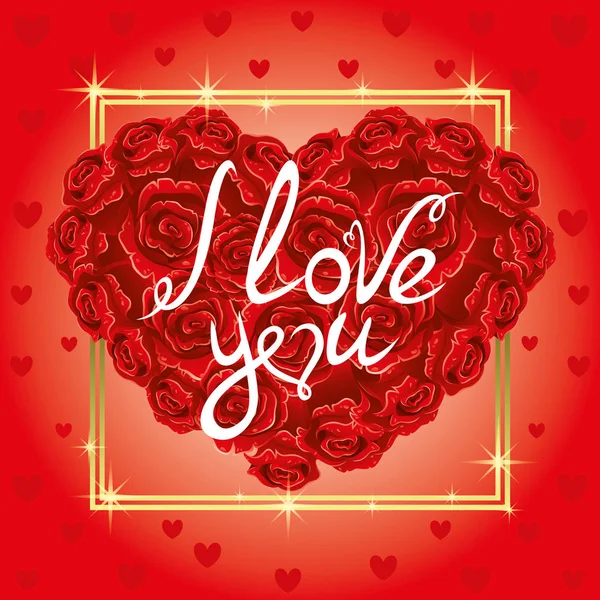 Text Love You Red Bouquet Roses Shape Heart — Stock Vector