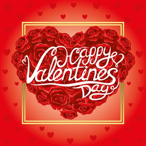 Text Glücklicher Valentinstag Auf Einem Roten Strauß Rosen Herzform — Stockvektor