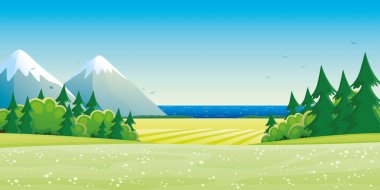 Dağlar ve deniz ufukta, yaz yatay.