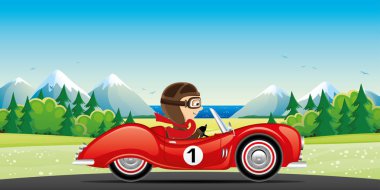 Yaz manzara arka plan üzerinde kırmızı retro araba.