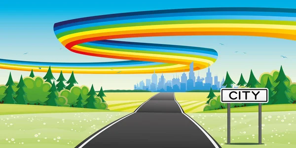 通往城市的道路和天空中的彩虹 — 图库矢量图片