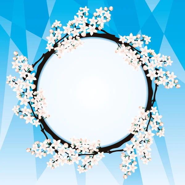 Cadre Rond Avec Des Fleurs Cerisier Sur Fond Bleu — Image vectorielle