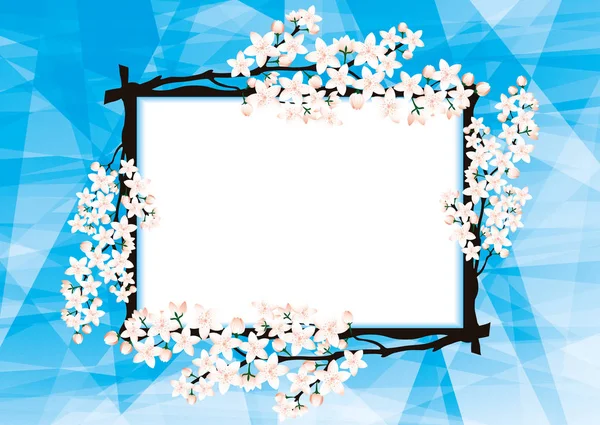 青色の背景に桜の花と美しいフレーム — ストックベクタ