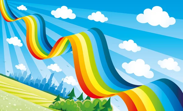 明亮的彩虹在蓝天在城市 — 图库矢量图片