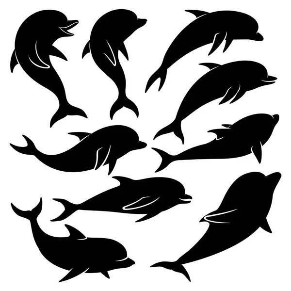 Conjunto Delfines Negros Sobre Fondo Blanco — Vector de stock
