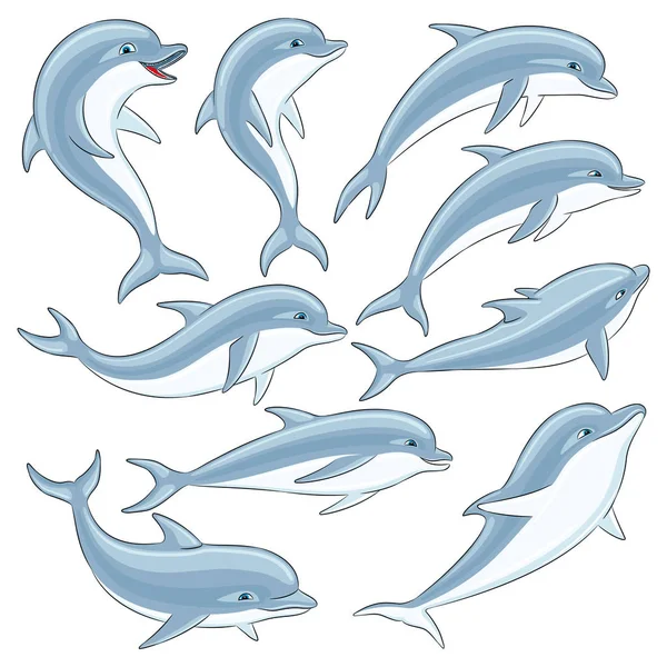 Set Blue Dolphins White Background — Stock Vector