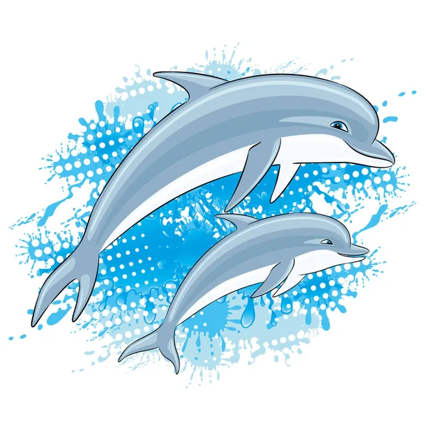 Delfines Salpicaduras Agua Sobre Fondo Blanco — Vector de stock