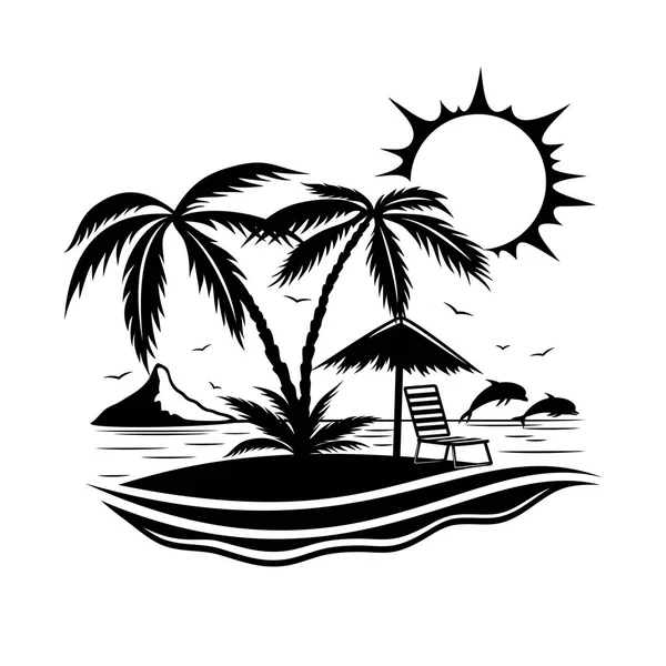 白色背景下有棕榈树的热带海滩的标志 — 图库矢量图片