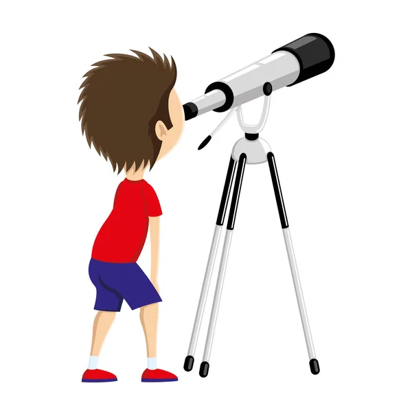 Child Observes Stars Telescope — Stock Vector