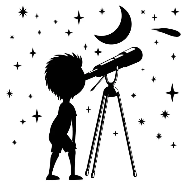 Niño Observa Las Estrellas Telescopio — Vector de stock