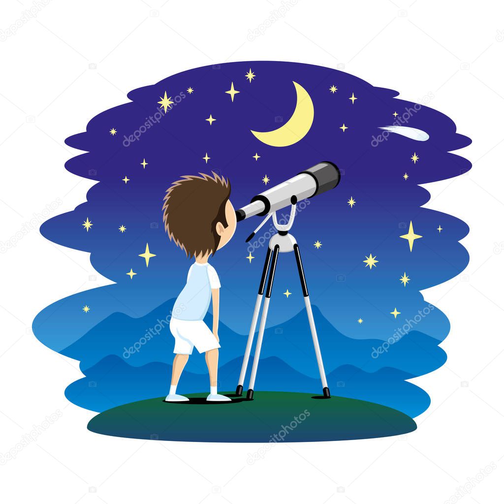 Child observes the stars in a telescope.