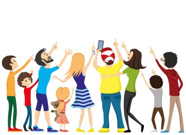Group of people looking up and pointing with a finger. clipart