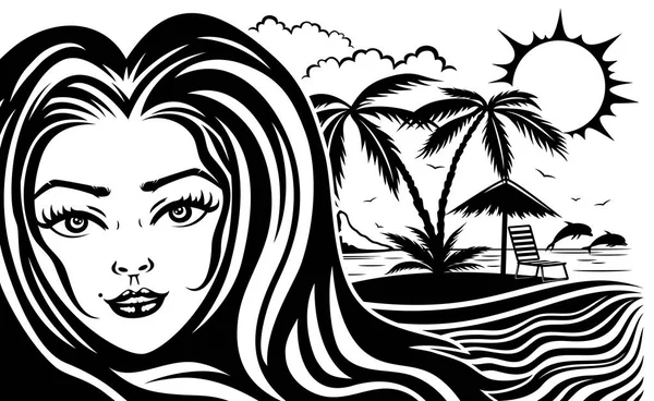 熱帯のビーチの長い髪の美しい女性 — ストックベクタ
