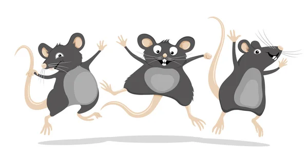 Three Funny Gray Rats Jump White Background — Stock Vector