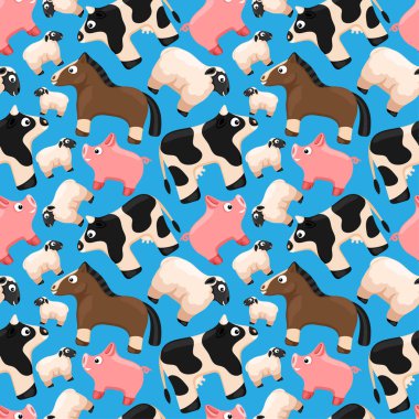 Mavi arka planda sevimli çiftlik hayvanları olan kusursuz bir desen..