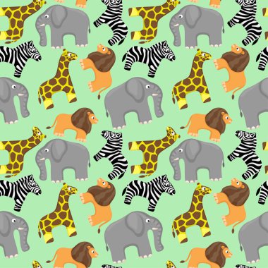 Yeşil arka planda şirin Afrika hayvanları olan kusursuz bir desen..