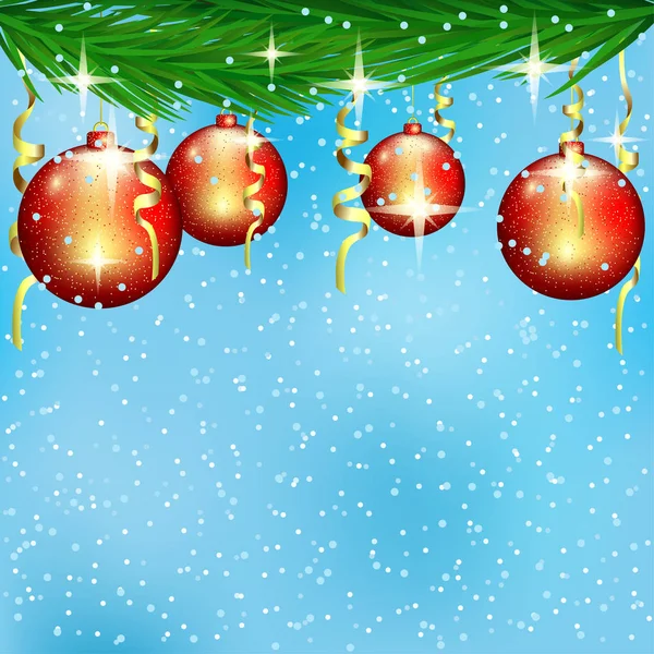 Kırmızı Noel Baloları Ladin Dallarında Mavi Kış Arka Planında — Stok Vektör