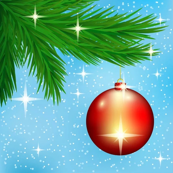 Červené Vánoční Míč Smrkové Větve Modrém Zimním Pozadí — Stockový vektor