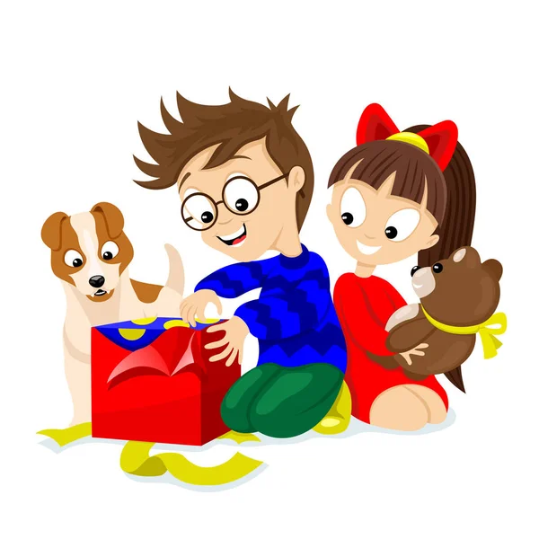 Enfants Heureux Chien Avec Des Cadeaux Noël Sur Fond Blanc — Image vectorielle