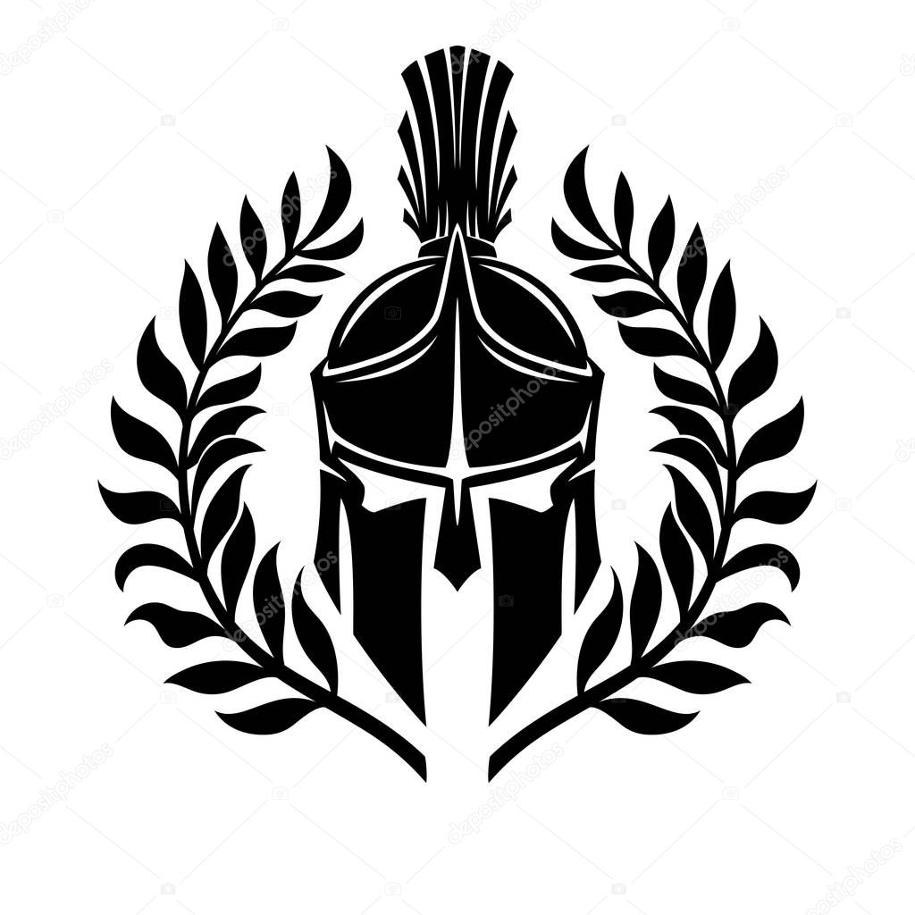 Black Spartan helmet on a white background.