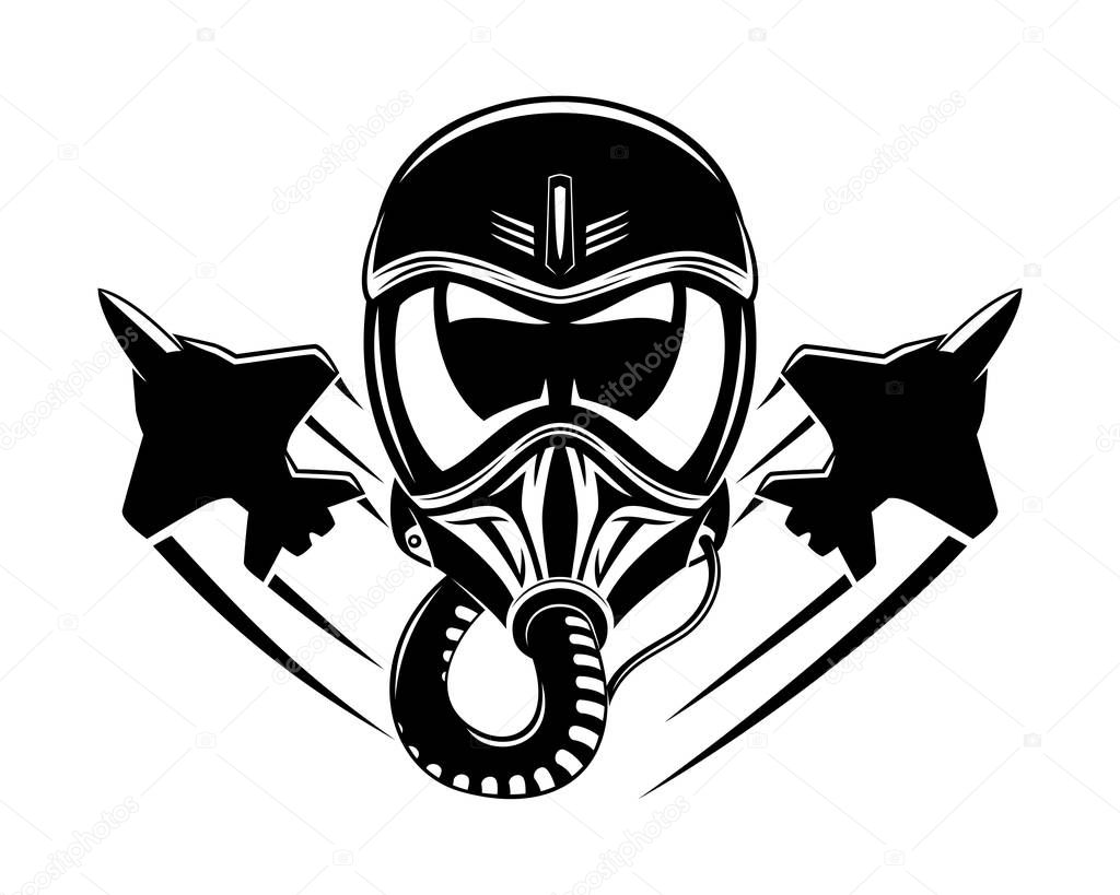 Black aviation helmet and military aircraft sign on a white background.