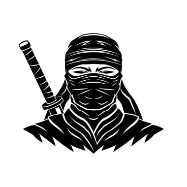 Beyaz zemin üzerinde kılıç olan siyah ninja işareti..