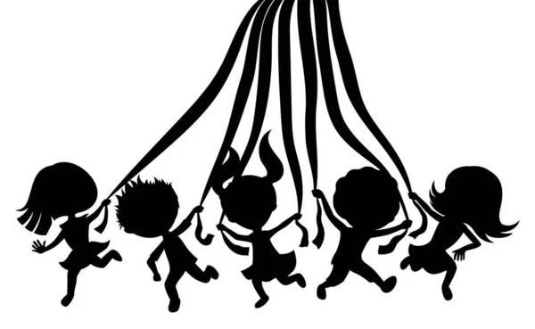 Cartoon Silhouettes Running Children Ribbons Hands White Background — Stock Vector