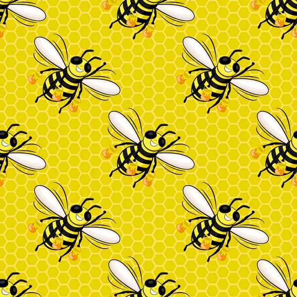黄色の背景にミツバチとミツバチのハニカムとシームレスなパターン — ストックベクタ