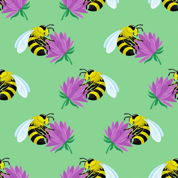 Płynny Wzór Pszczołami Kwiatach Zielonym Tle — Wektor stockowy