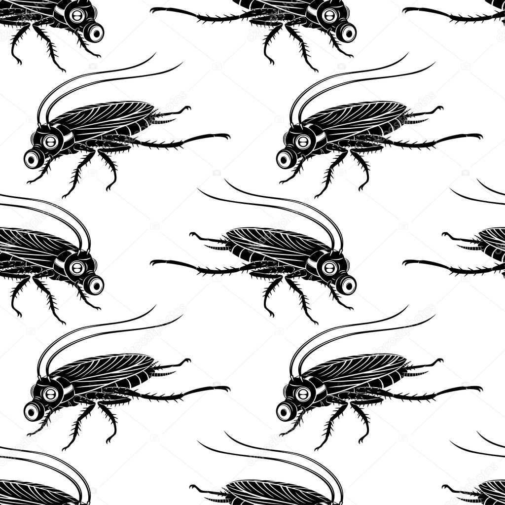 Seamless pattern with black cockroaches in gas masks on a white background.