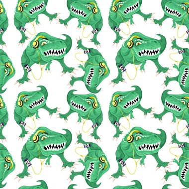 Seamless pattern with green dinosaurs on a white background.
