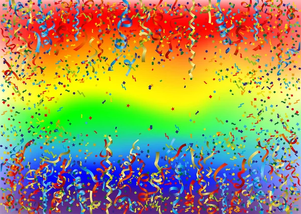 Horizontale Feestelijke Regenboog Achtergrond Met Heldere Confetti — Stockvector