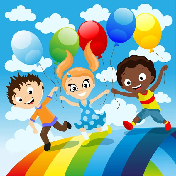 Glückliche Kinder Mit Luftballons Der Hand Laufen Auf Einem Regenbogen — Stockvektor