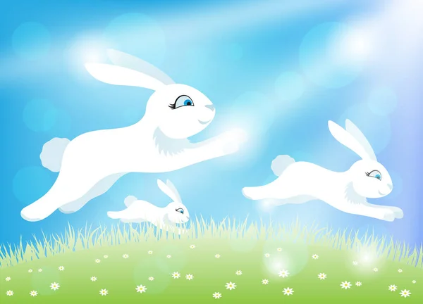 Белые Пасхальные Кролики Зеленом Лугу Голубом Небе Солнечными Лучами Блеском — стоковый вектор