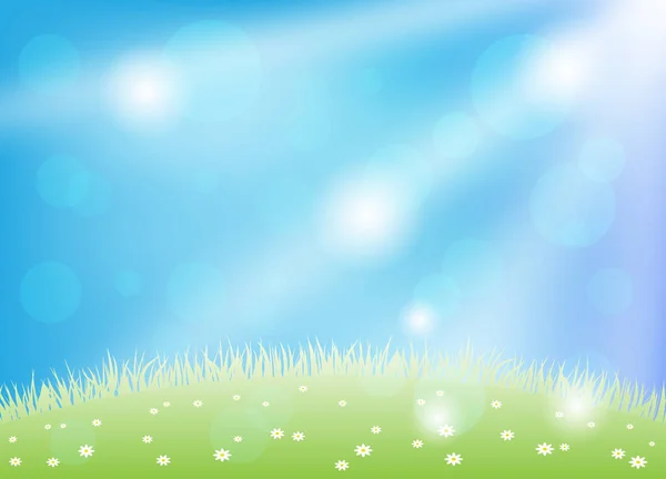 太陽の光と輝きと花と青空と美しい牧草地 — ストックベクタ